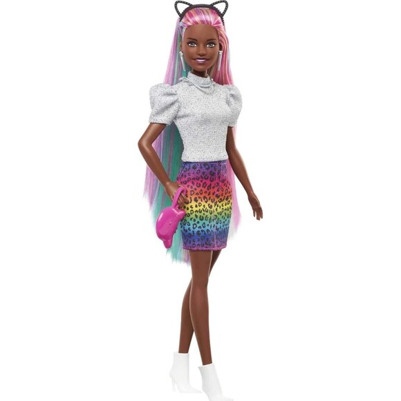 🆕 Barbie Leopard Rainbow Hair Doll Including Scrunchies Fashion Tops Cat Purse - Picture 5 of 6